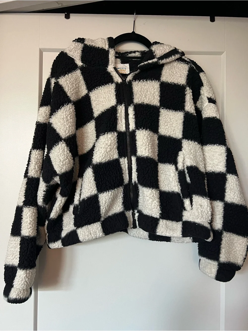 Juniors Checkered Sherpa Zip Hoodie Jacket